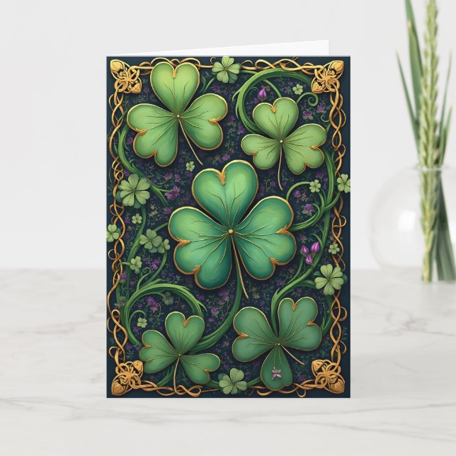 Shamrocks in Celtic Frame St. Patrick's Day Holiday Card (Front)