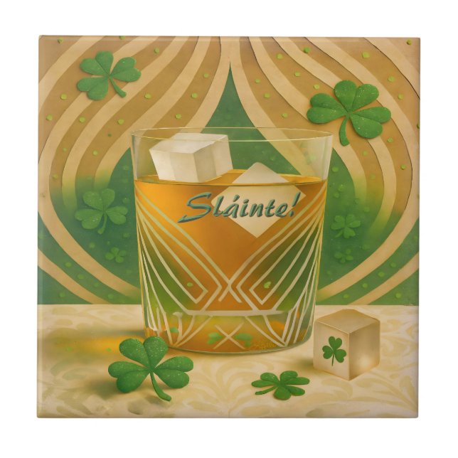 Shamrocks Irish Whiskey Tumbler "Sláinte!" Tile (Front)