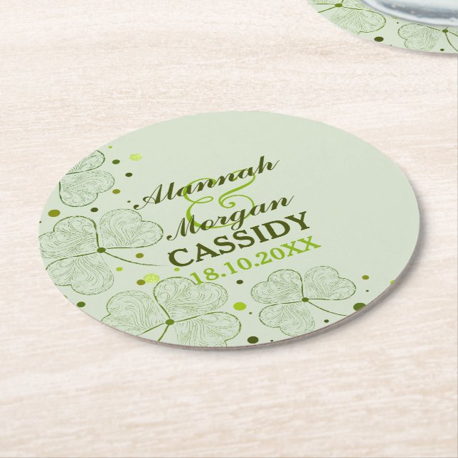 Shamrocks Polka Dots Irish Wedding Paper Coasters (Angled)