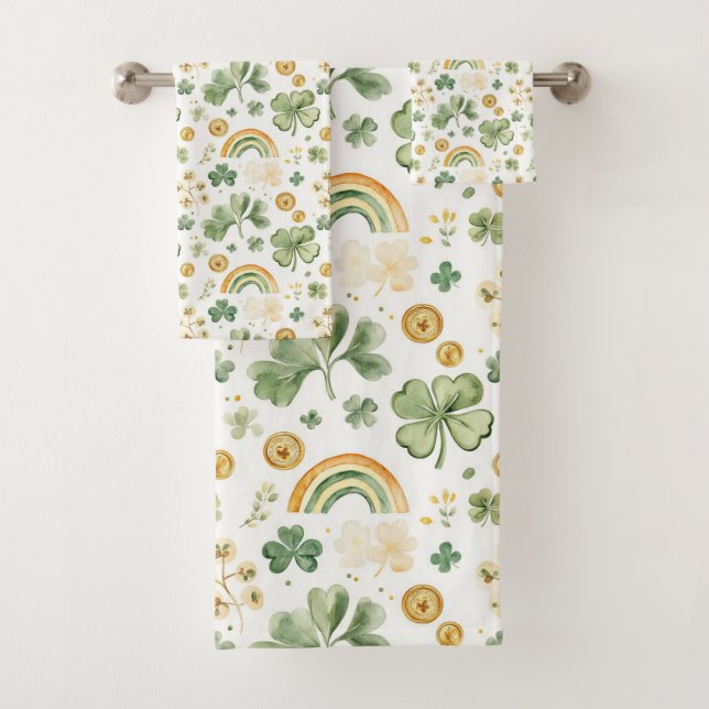 Shamrocks, Rainbows & Gold Coins Pattern  Bath Towel Set (Insitu)