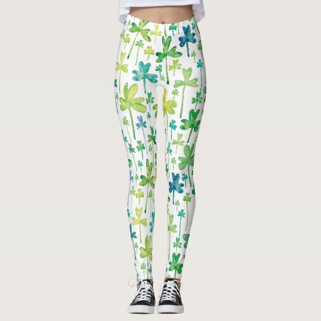 Shamrocks St. Patrick's Day Green White Leggings (Front)