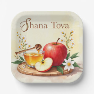 Shana Tova Rosh Hashanah Apple and Honey Flowers Paper Plate