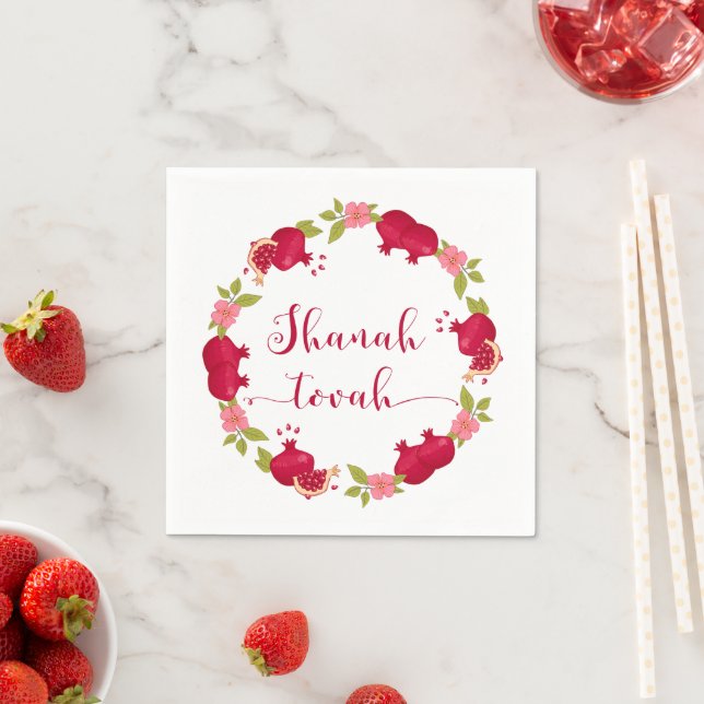 Shanah Tovah New Year Pomegranate Flower Wreath Napkin (Insitu)