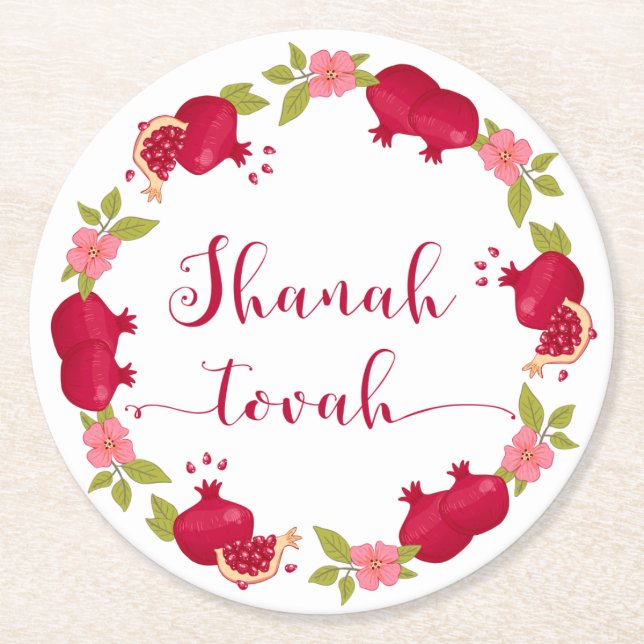 Shanah Tovah New Year Pomegranate Flower Wreath Round Paper Coaster (Front)