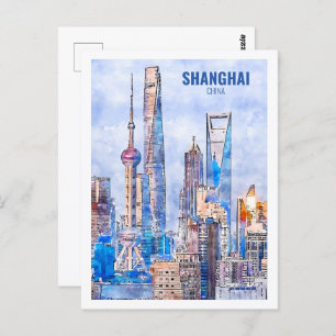 Shanghai China Famous Travel Watercolor Sketch Postcard