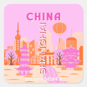 Shanghai China Pink Travel Art Square Sticker