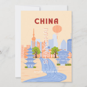 Shanghai China Retro Pastel Travel Art Invitation