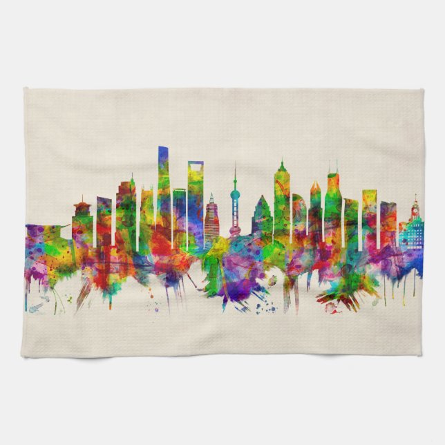 Shanghai China Skyline Tea Towel (Horizontal)