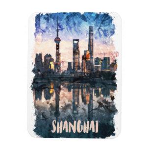Shanghai China Skyline Watercolor Art Print Magnet
