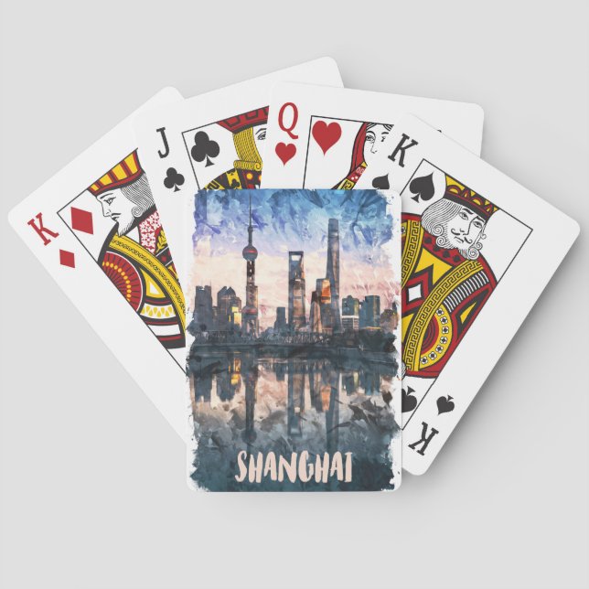 Shanghai China Skyline Watercolor Art Print Playing Cards (Back)