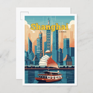 Shanghai China Travel Art Vintage Illustration Postcard