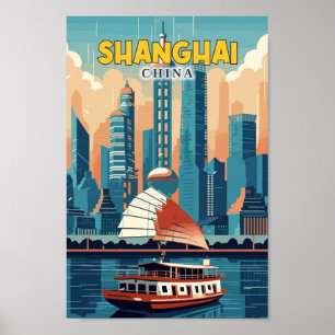 Shanghai China Travel Art Vintage Illustration  Poster