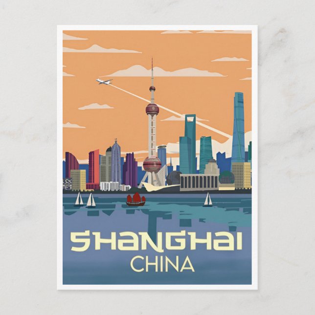Shanghai,China Vintage Chinese Travel city skyline Postcard (Front)