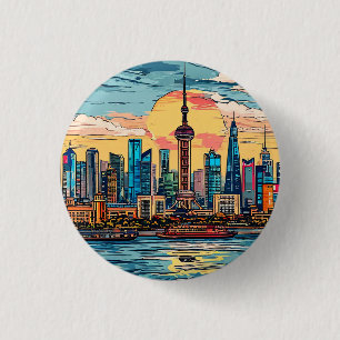 Shanghai city Waterfront Skyline at Sunset 3 Cm Round Badge