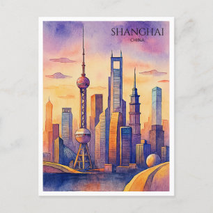 Shanghai Skyline China Travel Watercolor Holiday Postcard