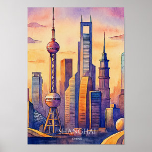 Shanghai Skyline China Travel Watercolor  Poster