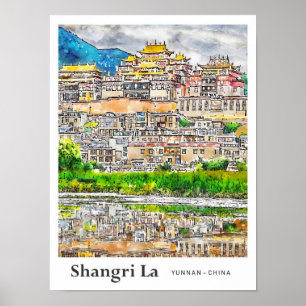 Shangri La Yunnan China Travel Art Watercolor  Poster