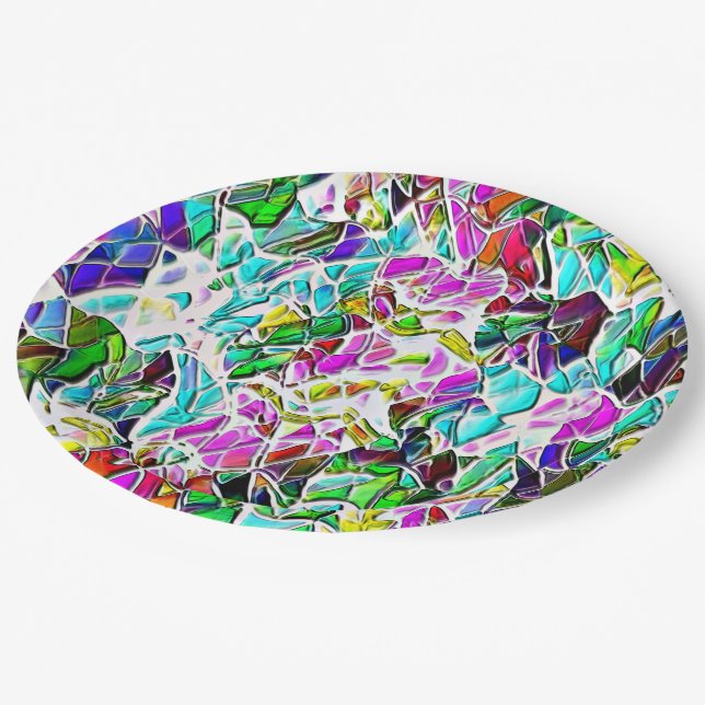 Shape of very colourful stones dipped in milk soup paper plate (Angled)