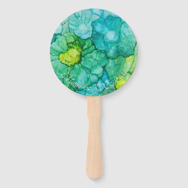 Shape: Round Hand Fan "Blue-Greens Flowers" (Front)