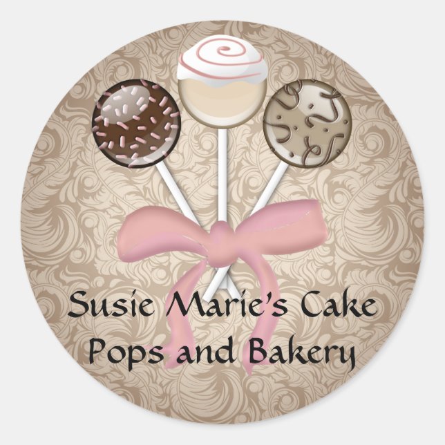 Shaped Elegant Cocoa Damask Cake Pop Sticker Label (Front)