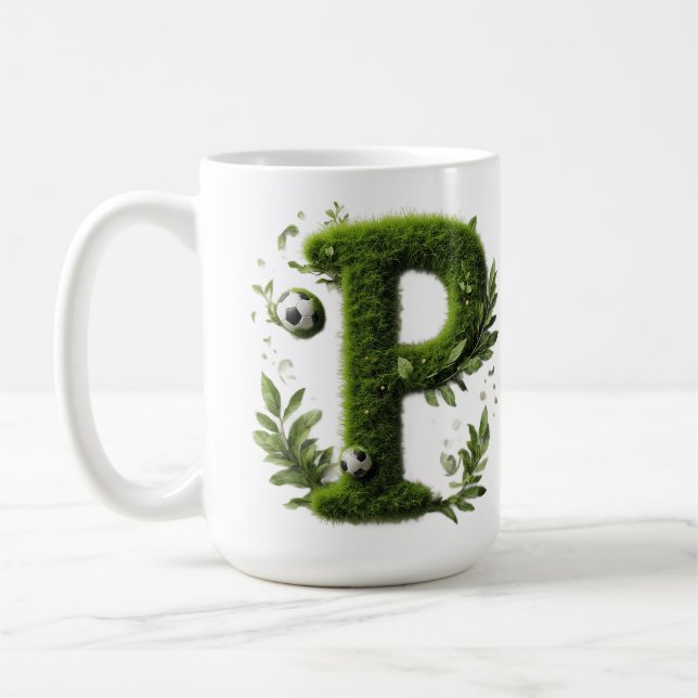 Shaped Grass Letter With Soccer Balls Coffee Mug (Left)