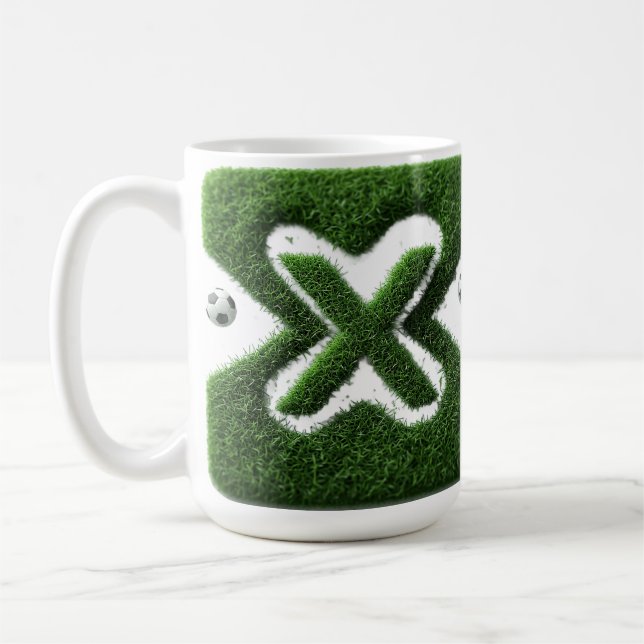 Shaped Grass Letter With Soccer Balls Coffee Mug (Left)