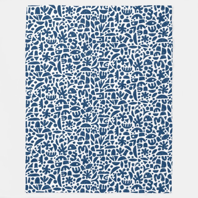 Shapes Abstract 140821 - Indigo Blue on White Fleece Blanket (Front)
