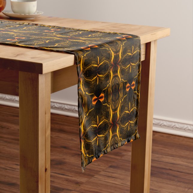 Shapes, 'gold strokes float' over dark background medium table runner (In Situ)