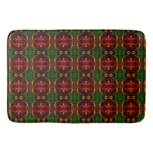 Shapes of "red strokes float" on green background bath mat