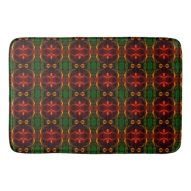 Shapes of "red strokes float" on green background bath mat (Front)