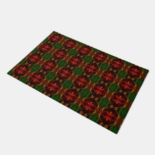 Shapes of "red strokes float" on green background doormat