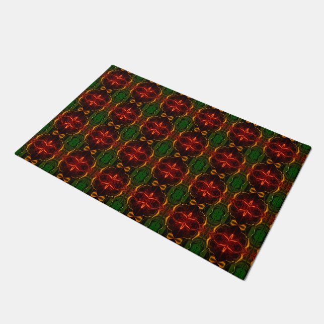 Shapes of "red strokes float" on green background doormat (Angled)