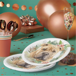 Shar Pei Christmas Wreath Festive Pup Paper Plate
