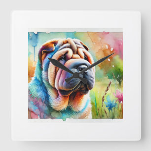 Shar Pei Dog 020824AREF103 - Watercolor Square Wall Clock