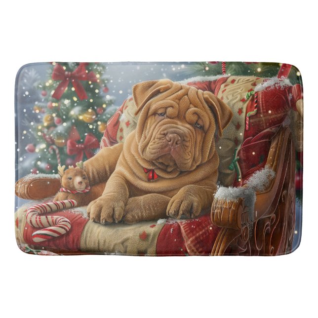 Shar Pei Dog Christmas Festive Bath Mat (Front)