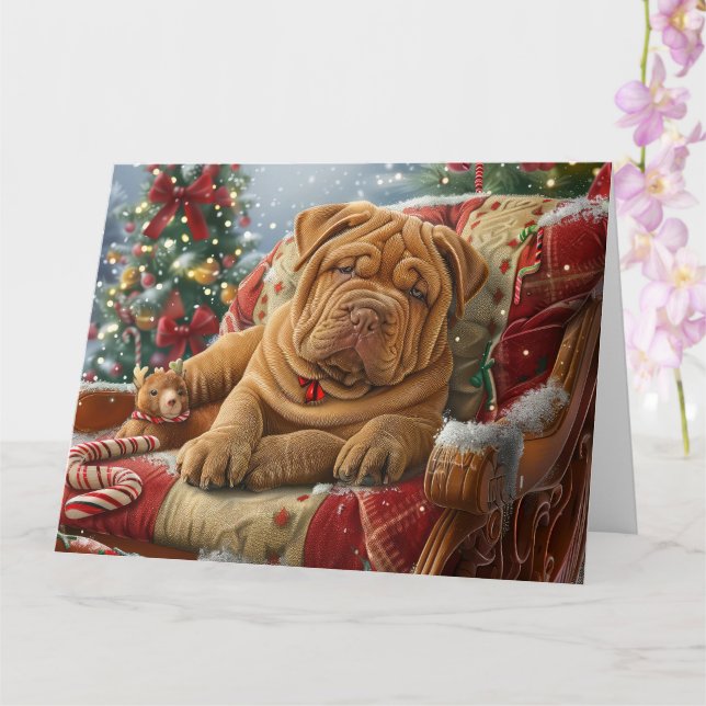 Shar Pei Dog Christmas Festive Card (Orchid)