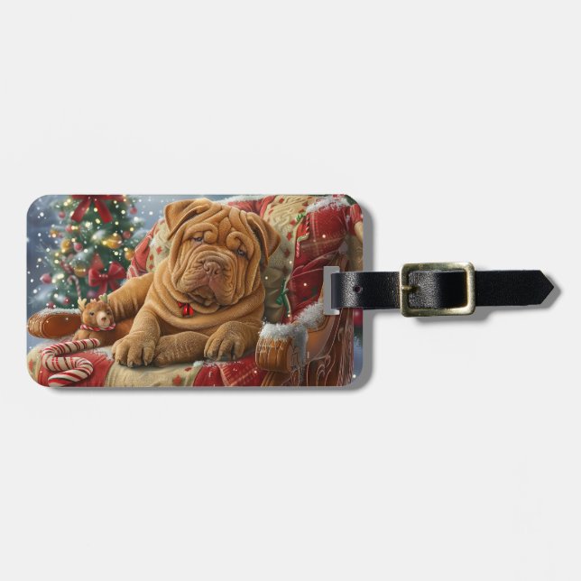 Shar Pei Dog Christmas Festive Luggage Tag (Front Horizontal)