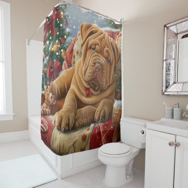 Shar Pei Dog Christmas Festive Shower Curtain (In Situ)
