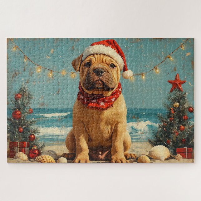 Shar Pei Dog Christmas Vintage Beach Jigsaw Puzzle (Horizontal)