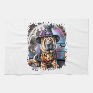 Shar Pei Dog Halloween Square Tea Towel