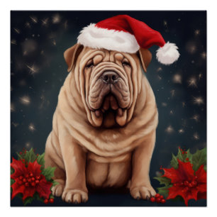 Shar Pei Dog in Snow Christmas Poster
