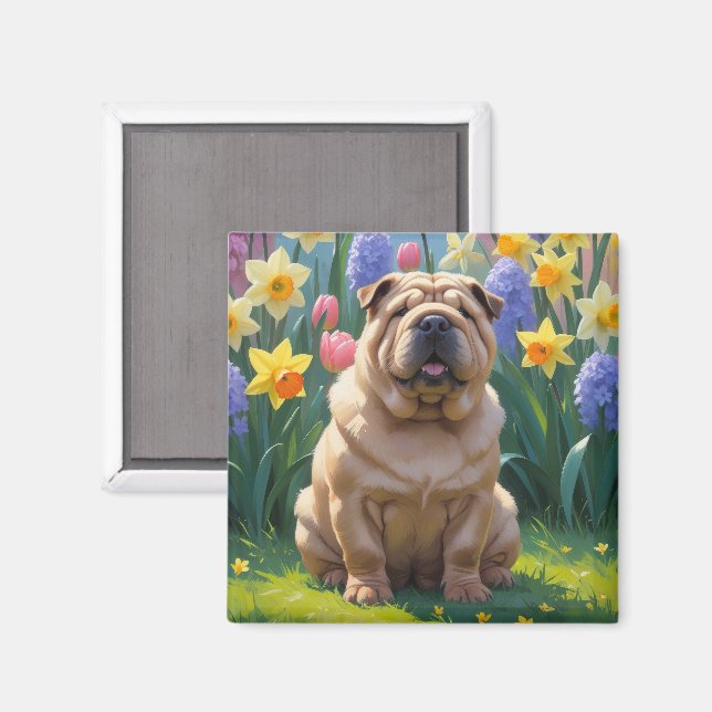Shar Pei Dog Spring Flowers Painting Magnet (Front/Back)