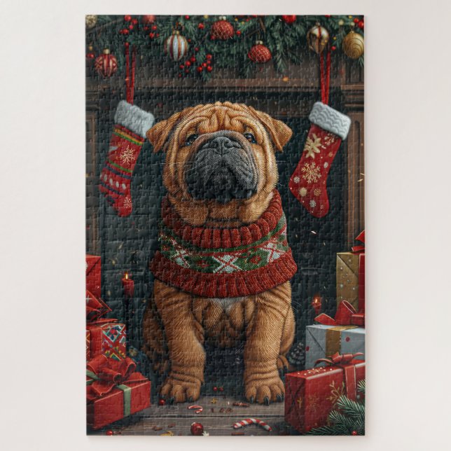 Shar Pei Dog With Christmas Gifts Fireplace Jigsaw Puzzle (Vertical)