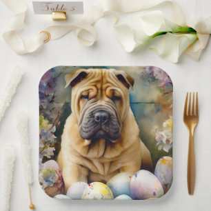 Shar Pei Dog with Easter Eggs Holiday  Paper Plate