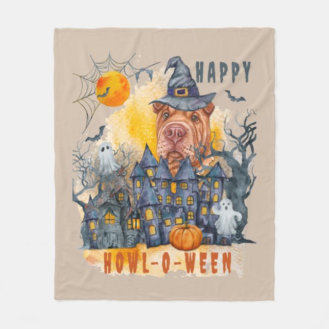 Shar pei Happy Howl-o-ween Ghost Houses Funny Fleece Blanket (Front)