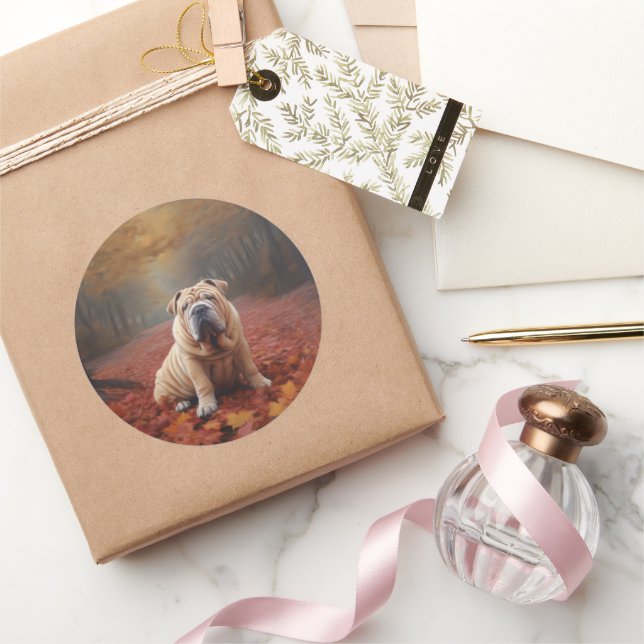 Shar Pei in Autumn Leaves Fall Inspire Classic Round Sticker (Gifting)