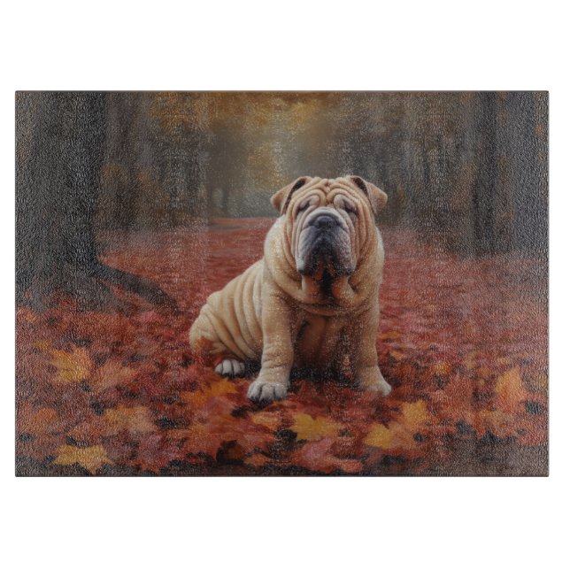 Shar Pei in Autumn Leaves Fall Inspire Cutting Board (Front)