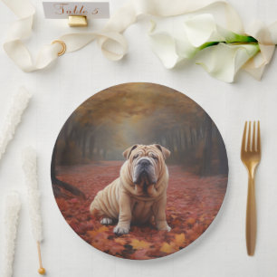 Shar Pei in Autumn Leaves Fall Inspire Paper Plate