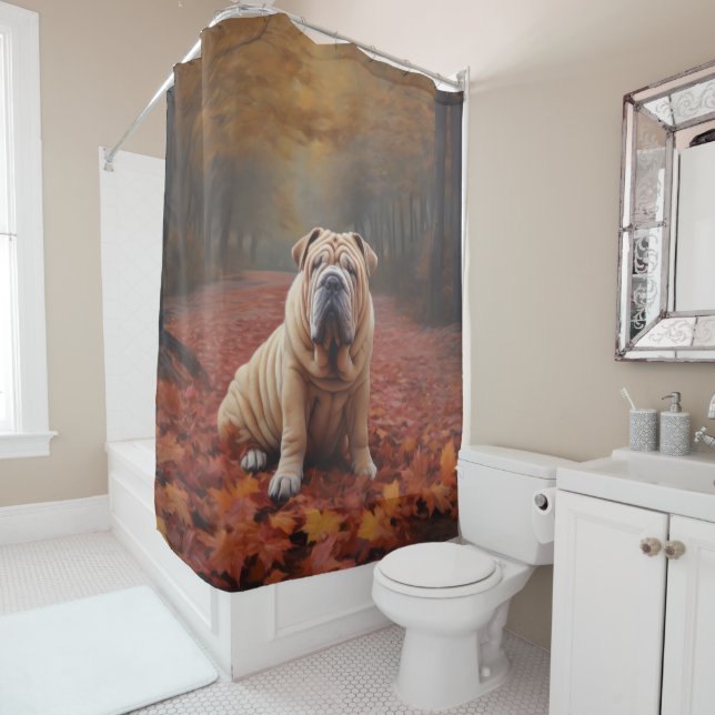 Shar Pei in Autumn Leaves Fall Inspire Shower Curtain (In Situ)