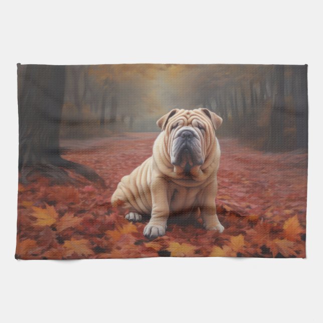 Shar Pei in Autumn Leaves Fall Inspire Tea Towel (Horizontal)